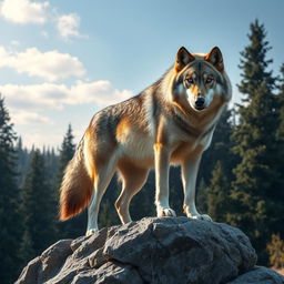 A majestic wolf standing proudly on a rocky outcrop, with its fur glistening in the sunlight