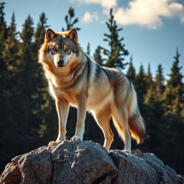 A majestic wolf standing proudly on a rocky outcrop, with its fur glistening in the sunlight