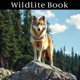 A majestic wolf standing proudly on a rocky outcrop, with its fur glistening in the sunlight