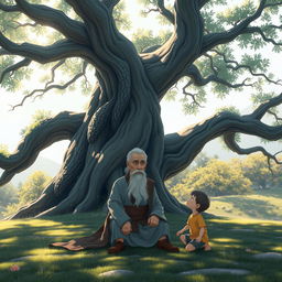 A serene landscape featuring a majestic, ancient tree with sprawling branches, under which sits a wise man, wearing traditional robes and a thoughtful expression