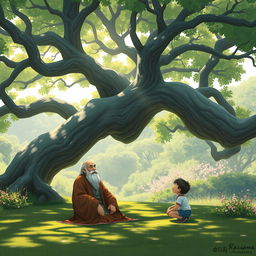 A serene landscape featuring a majestic, ancient tree with sprawling branches, under which sits a wise man, wearing traditional robes and a thoughtful expression