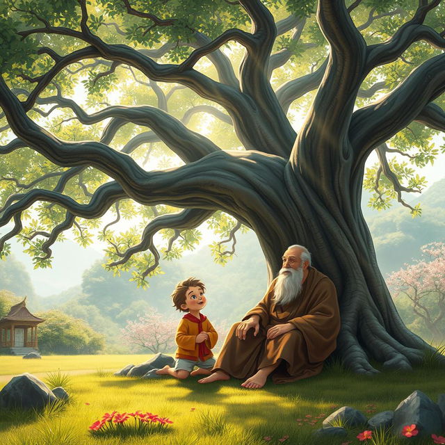 A serene landscape featuring a majestic, ancient tree with sprawling branches, under which sits a wise man, wearing traditional robes and a thoughtful expression