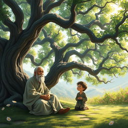 A serene landscape featuring a majestic, ancient tree with sprawling branches, under which sits a wise man, wearing traditional robes and a thoughtful expression