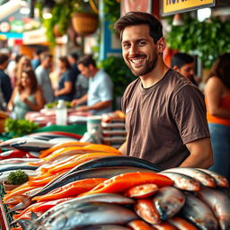 A whimsical scene featuring a famous soccer player, inspired by Lionel Messi, standing behind a colorful fish stall at a bustling market