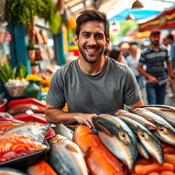 A whimsical scene featuring a famous soccer player, inspired by Lionel Messi, standing behind a colorful fish stall at a bustling market