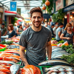A whimsical scene featuring a famous soccer player, inspired by Lionel Messi, standing behind a colorful fish stall at a bustling market
