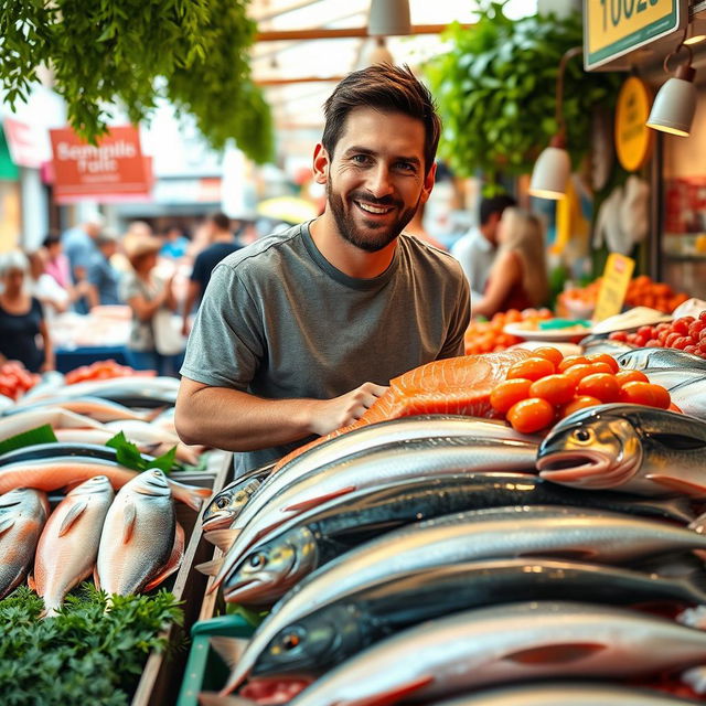 A whimsical scene featuring a famous soccer player, inspired by Lionel Messi, standing behind a colorful fish stall at a bustling market