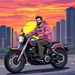 A man wearing a stylish pink hoodie riding a Harley Davidson motorcycle, portrayed in a vibrant vector art style