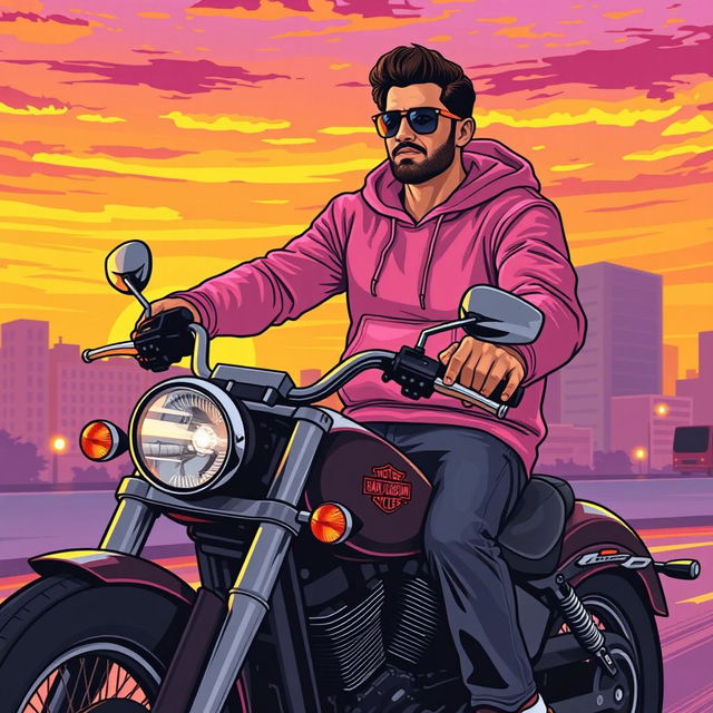 A man wearing a stylish pink hoodie riding a Harley Davidson motorcycle, portrayed in a vibrant vector art style