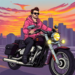 A man wearing a stylish pink hoodie riding a Harley Davidson motorcycle, portrayed in a vibrant vector art style