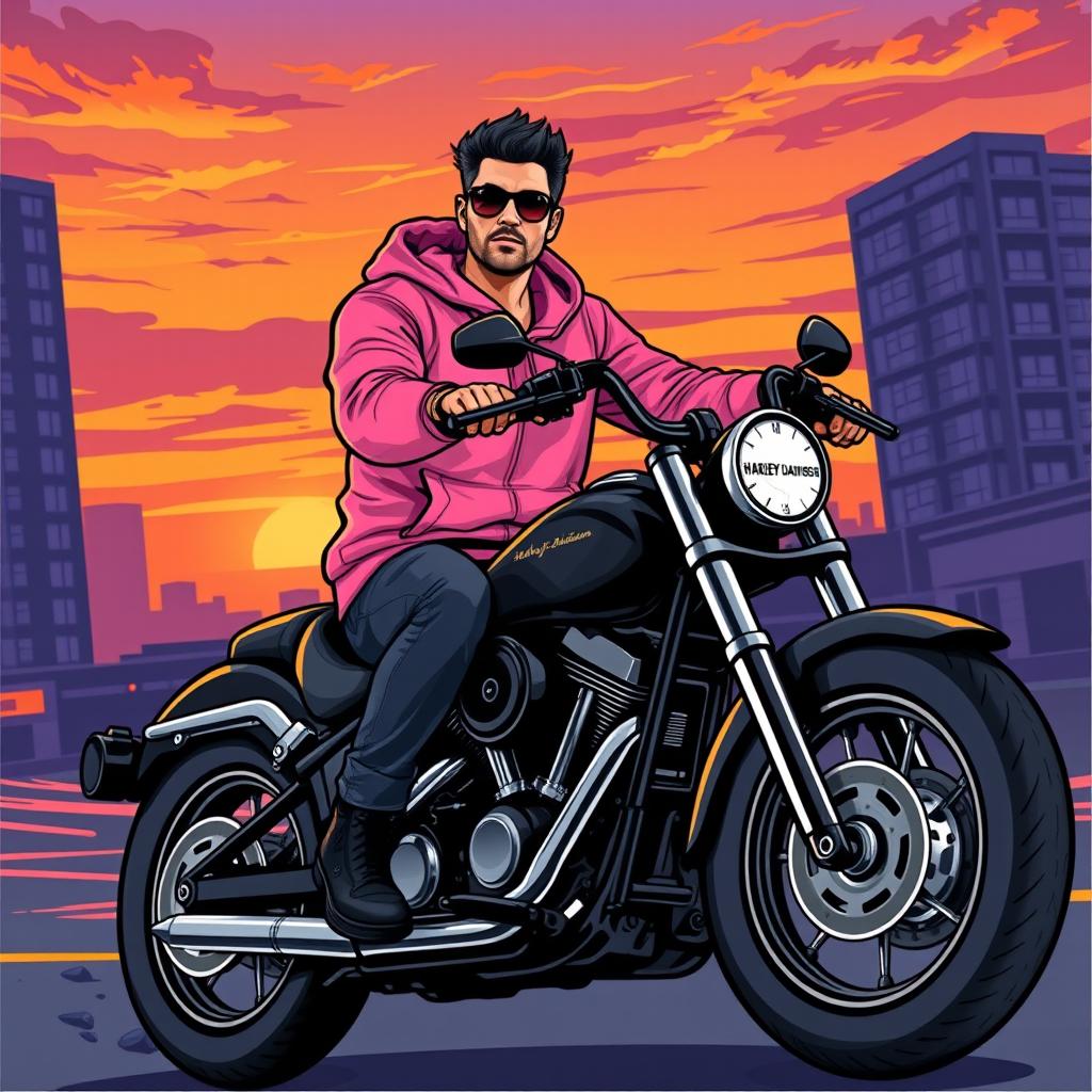 A man wearing a stylish pink hoodie riding a Harley Davidson motorcycle, portrayed in a vibrant vector art style