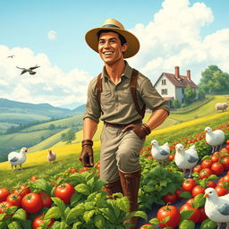 A whimsical scene of a famous soccer player, resembling Cristiano Ronaldo, engaged in farming activities