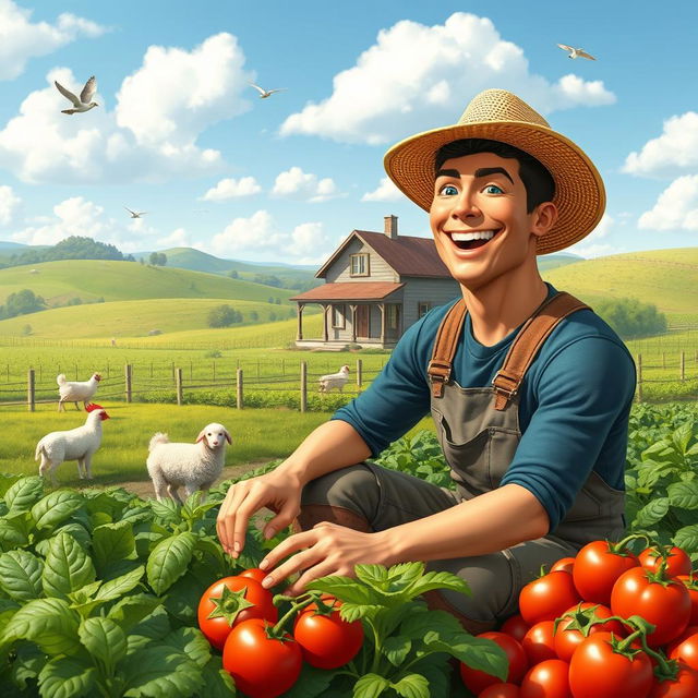 A whimsical scene of a famous soccer player, resembling Cristiano Ronaldo, engaged in farming activities