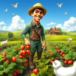 A whimsical scene of a famous soccer player, resembling Cristiano Ronaldo, engaged in farming activities