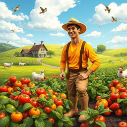 A whimsical scene of a famous soccer player, resembling Cristiano Ronaldo, engaged in farming activities