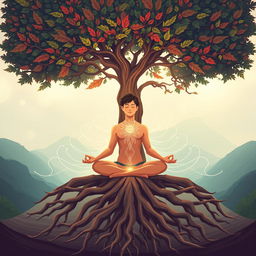 A stylized illustration of a person meditating in a tranquil nature setting
