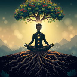 A stylized illustration of a person meditating in a tranquil nature setting