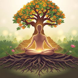 A stylized illustration of a person meditating in a tranquil nature setting