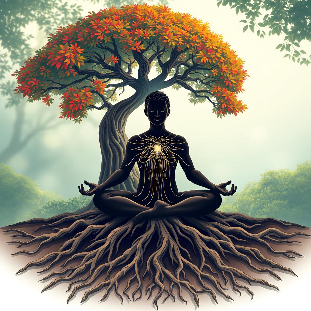 A stylized illustration of a person meditating in a tranquil nature setting