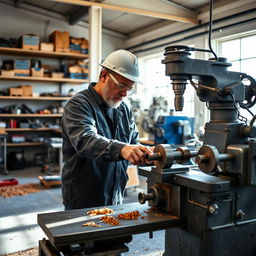 A skilled human worker operating a milling machine in a modern workshop
