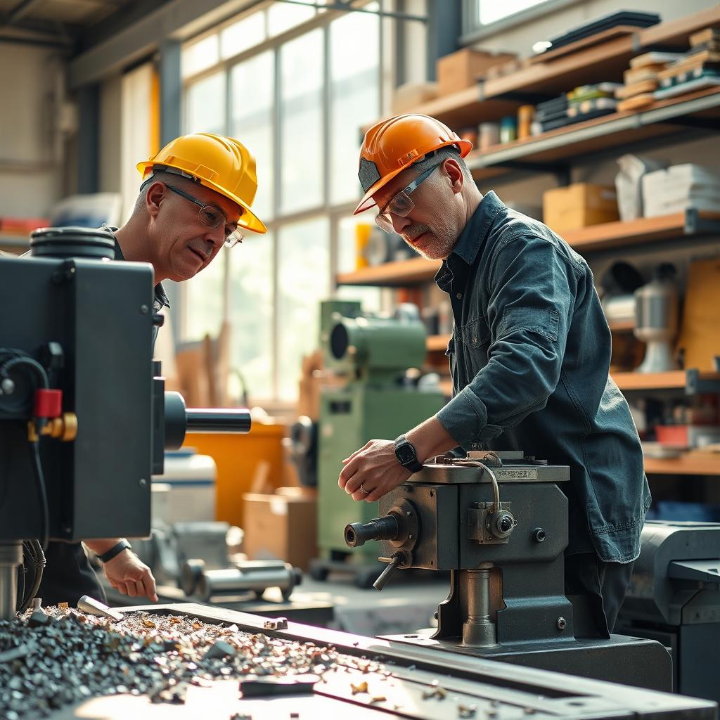 A skilled human worker operating a milling machine in a modern workshop