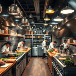 Transform the specified area into a bustling restaurant kitchen
