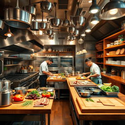 Transform the specified area into a bustling restaurant kitchen