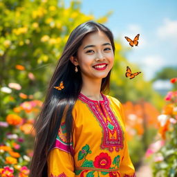 A young woman with long flowing black hair, wearing a bright colorful traditional dress, smiling joyfully while standing in a picturesque garden full of blooming flowers