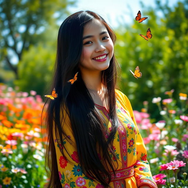 A young woman with long flowing black hair, wearing a bright colorful traditional dress, smiling joyfully while standing in a picturesque garden full of blooming flowers