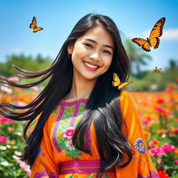 A young woman with long flowing black hair, wearing a bright colorful traditional dress, smiling joyfully while standing in a picturesque garden full of blooming flowers