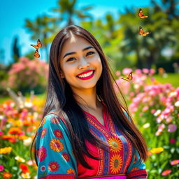 A young woman with long flowing black hair, wearing a bright colorful traditional dress, smiling joyfully while standing in a picturesque garden full of blooming flowers