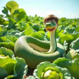 A friendly green snake with realistic, intricate scales, elegantly resting coiled within an expansive and vibrant cabbage field