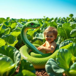 A friendly green snake with realistic, intricate scales, elegantly resting coiled within an expansive and vibrant cabbage field