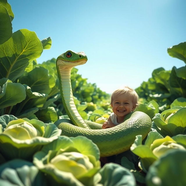 A friendly green snake with realistic, intricate scales, elegantly resting coiled within an expansive and vibrant cabbage field