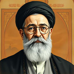 A detailed and expressive portrait of Ayatollah Khamenei depicted in a traditional painting style