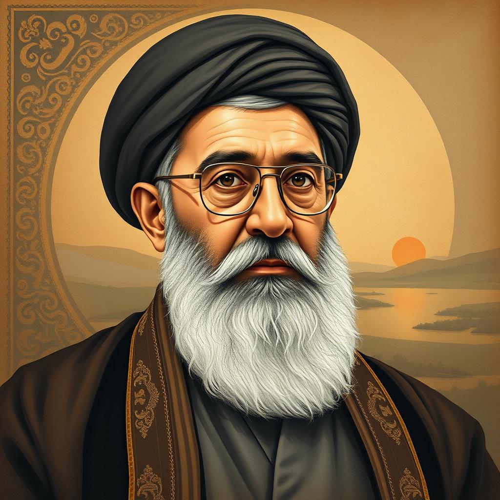 A detailed and expressive portrait of Ayatollah Khamenei depicted in a traditional painting style