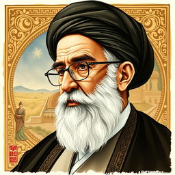 A detailed and expressive portrait of Ayatollah Khamenei depicted in a traditional painting style