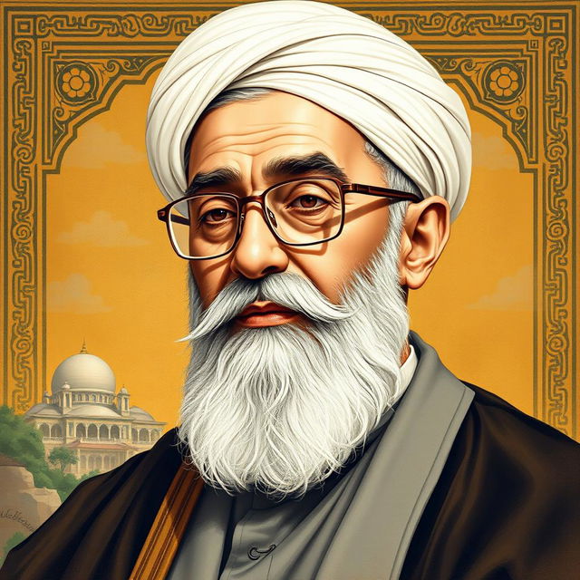 A detailed and expressive portrait of Ayatollah Khamenei depicted in a traditional painting style