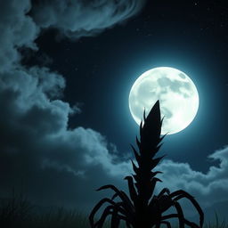 A stunningly beautiful scene featuring a moon shining brightly in the night sky, partially obscured by flowing wisps of clouds