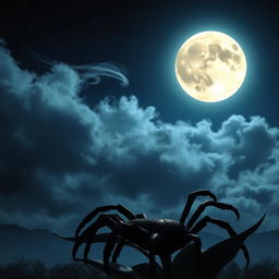 A stunningly beautiful scene featuring a moon shining brightly in the night sky, partially obscured by flowing wisps of clouds