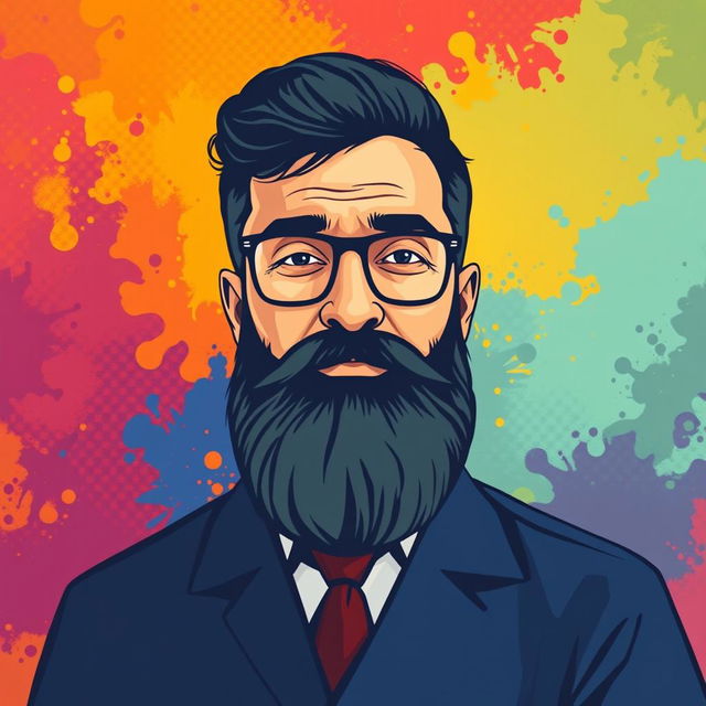 A vibrant vector-style illustration of Martyr Avini, showcasing his iconic features such as his beard and glasses