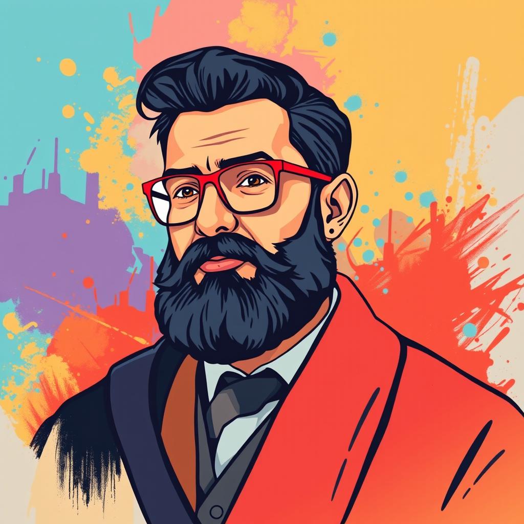 A vibrant vector-style illustration of Martyr Avini, showcasing his iconic features such as his beard and glasses