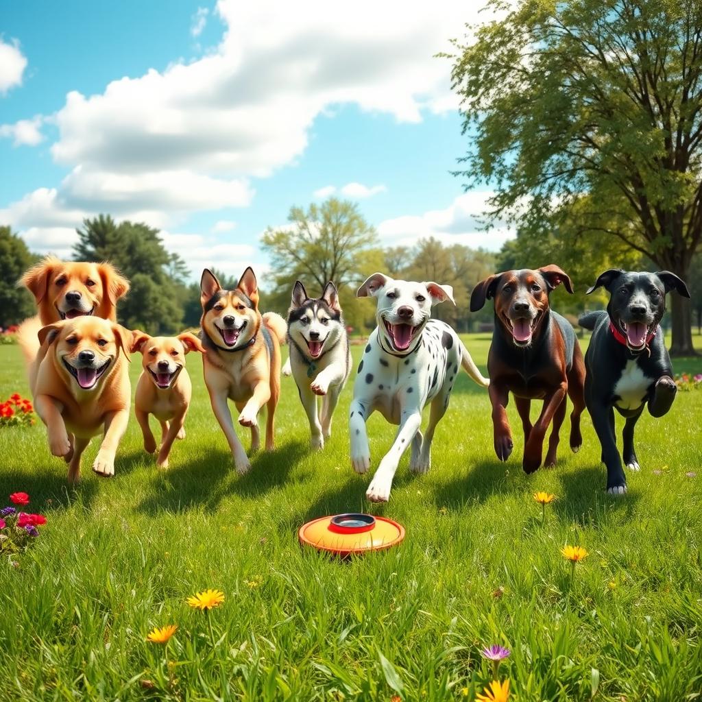 A playful scene featuring ten dogs of various breeds joyfully running in a sunny park