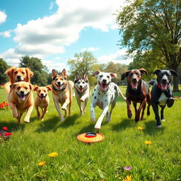 A playful scene featuring ten dogs of various breeds joyfully running in a sunny park