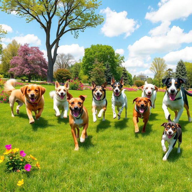 A playful scene featuring ten dogs of various breeds joyfully running in a sunny park