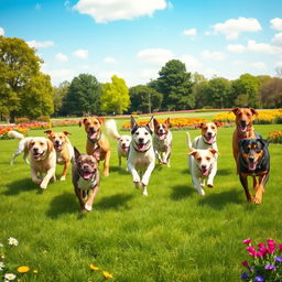 A playful scene featuring ten dogs of various breeds joyfully running in a sunny park