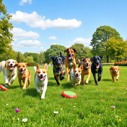 A playful scene featuring ten dogs of various breeds joyfully running in a sunny park