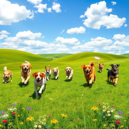 A picturesque landscape featuring ten playful dogs of various breeds, such as Golden Retrievers, Beagles, and German Shepherds, frolicking in a sunlit meadow