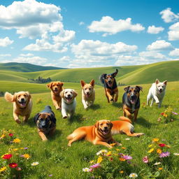 A picturesque landscape featuring ten playful dogs of various breeds, such as Golden Retrievers, Beagles, and German Shepherds, frolicking in a sunlit meadow