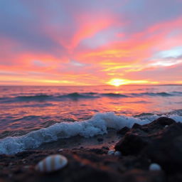 A close-up of a beautiful sunset over a calm ocean, with vibrant hues of orange, pink, and purple in the sky, the sun just above the horizon